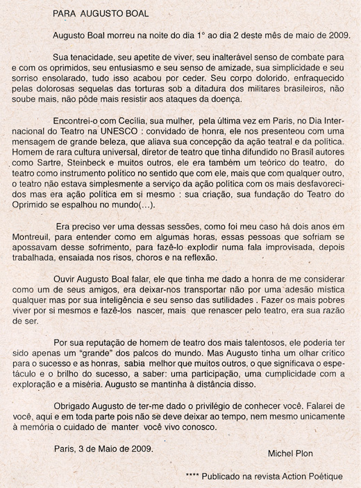 Homenagem a Augusto Boal – 80 Anos